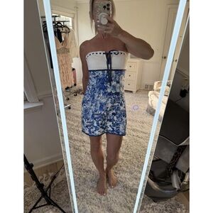 Maeve Blue and White Strapless Dress